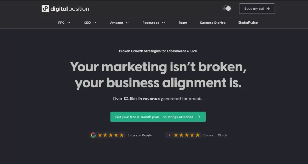  The homepage for Digital Position, an expert among retail SEO agencies in the USA, showcasing its focus on proven growth strategies for e-commerce and D2C brands.