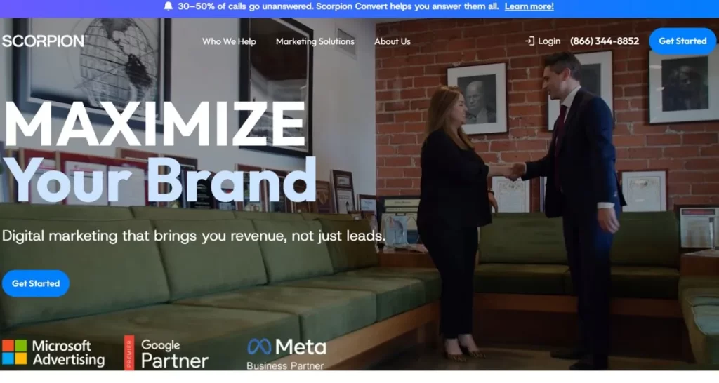 A screenshot of the Scorpion homepage, highlighting their expertise among top retail SEO agencies in the USA for maximizing brand revenue.