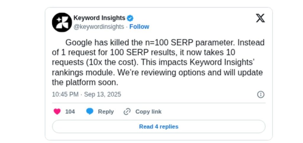 google eliminates n=100 SERP parameter
