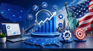 Futuristic SEO analytics scene with U.S. map, rising charts, and digital marketing elements representing top SEO companies in the USA.