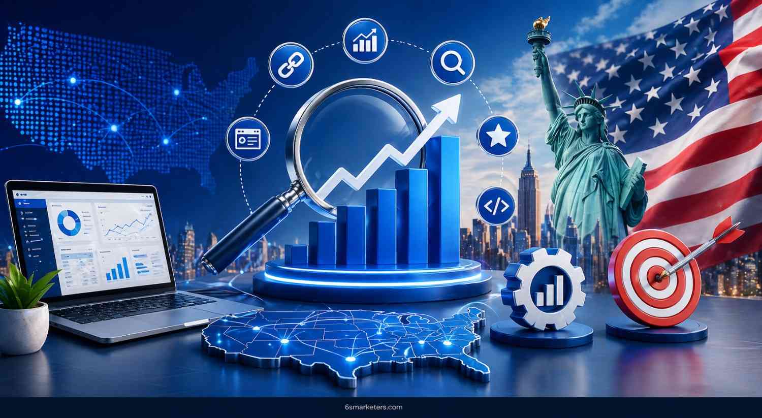 Futuristic SEO analytics scene with U.S. map, rising charts, and digital marketing elements representing top SEO companies in the USA.
