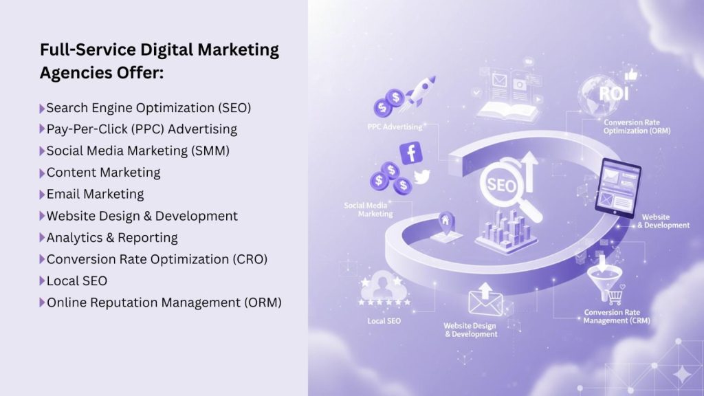 A 3D diagram illustrating the services offered by a full-service digital marketing agency, with elements such as SEO, PPC, social media marketing, content marketing, email marketing, website design, analytics, CRO, local SEO, and ORM. The color palette is lavender and white, set against a cloudy sky background.