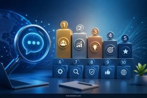Futuristic ranking podium with digital icons and analytics visuals representing top 10 AEO companies in 2026.