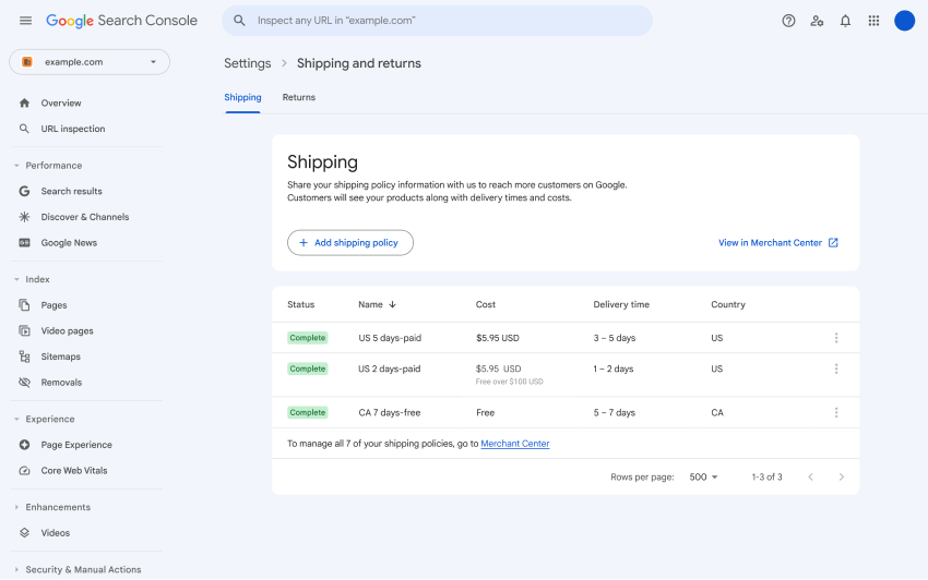 shipping and returns policies with Google