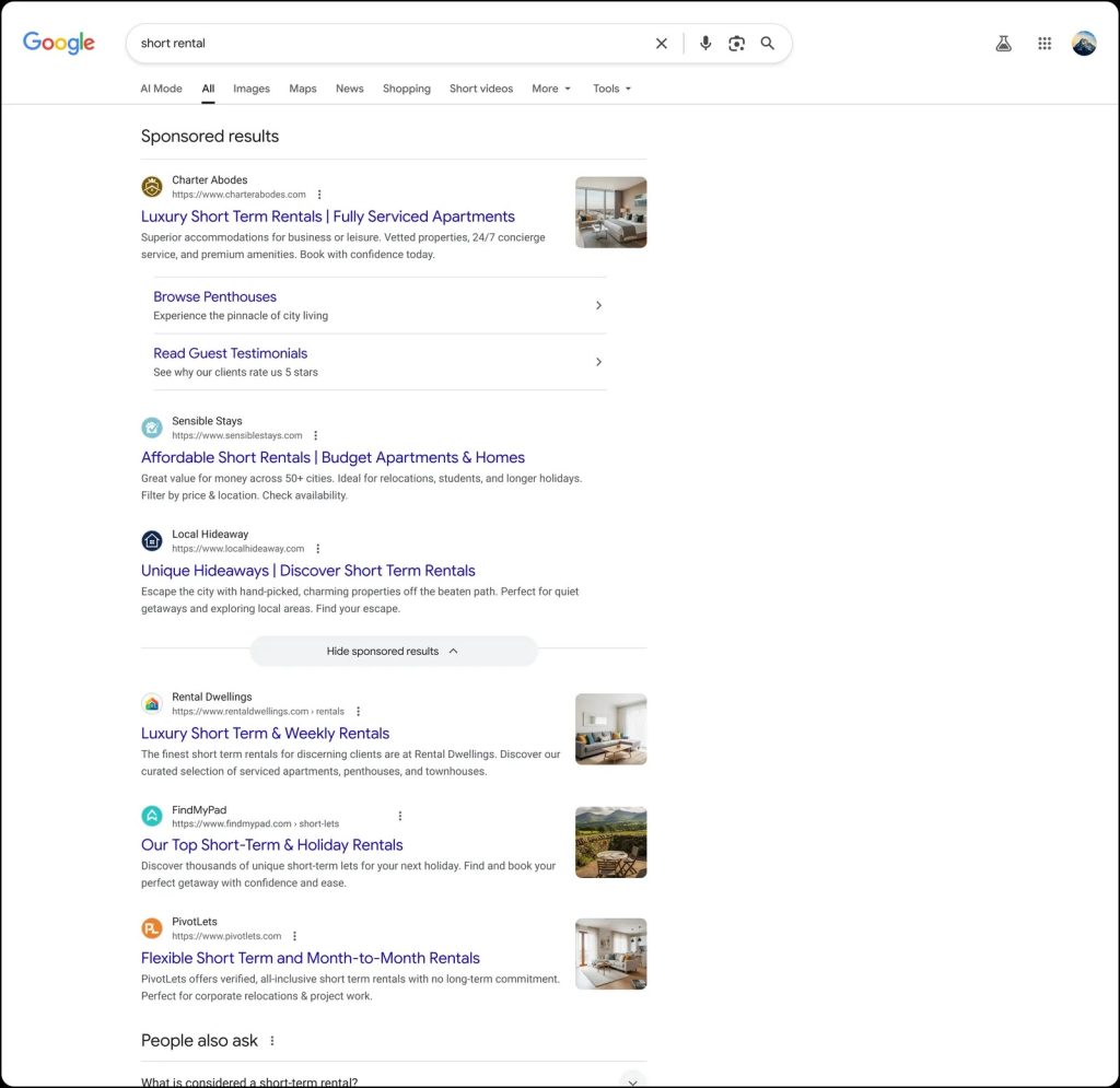 The top section of a Google search page with several text ads and a visible 'Hide sponsored results' button, all under the main 'Sponsored results' label.