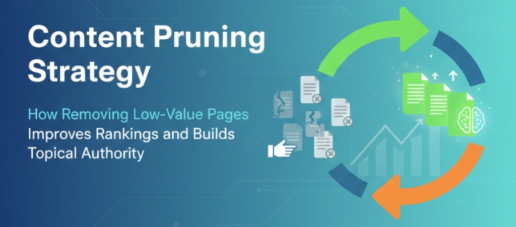 Content Pruning strategy illustration showing how removing low-performing pages improves SEO clarity, rankings, and content performance.