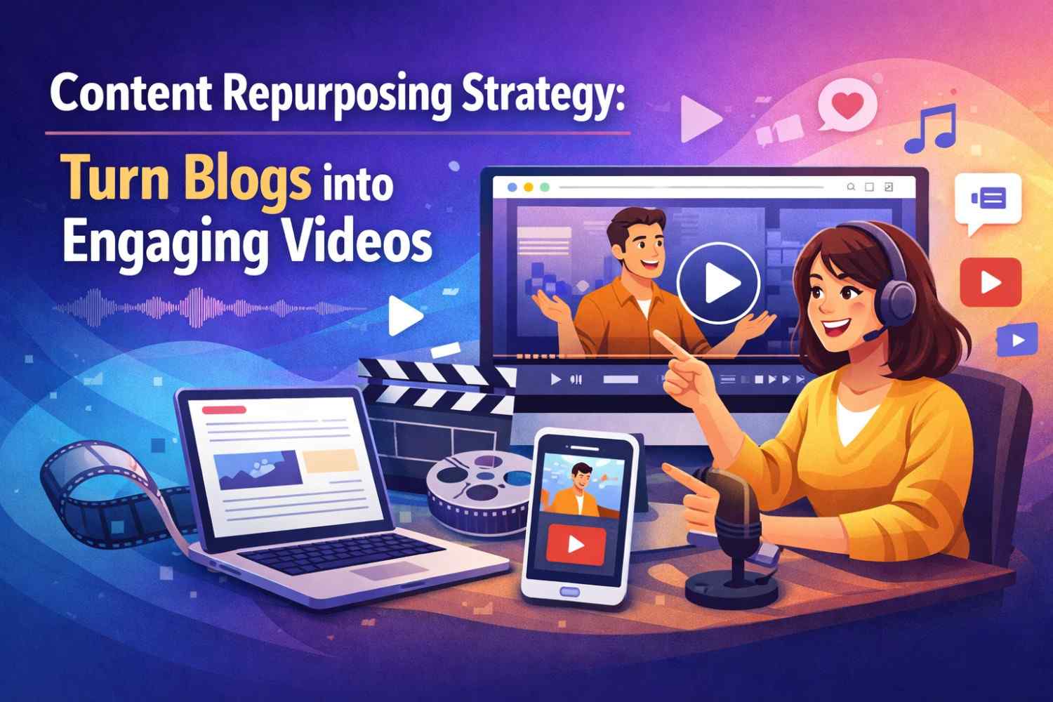 Blog banner showing a content workflow where one piece of content is transformed into multiple formats like videos, social media posts, infographics, and podcasts, representing a content repurposing strategy for wider reach and better engagement.