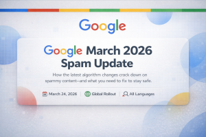 A clean banner showing Google March 2026 Spam Update with headline, rollout date, global impact icons, and message about reducing spammy content in search results