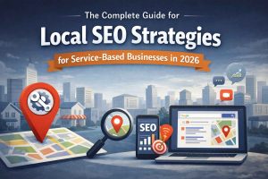 Professional blog banner showing a modern cityscape with location pins, a laptop displaying search results, and mobile SEO icons, representing local SEO strategies for service-based businesses in 2026