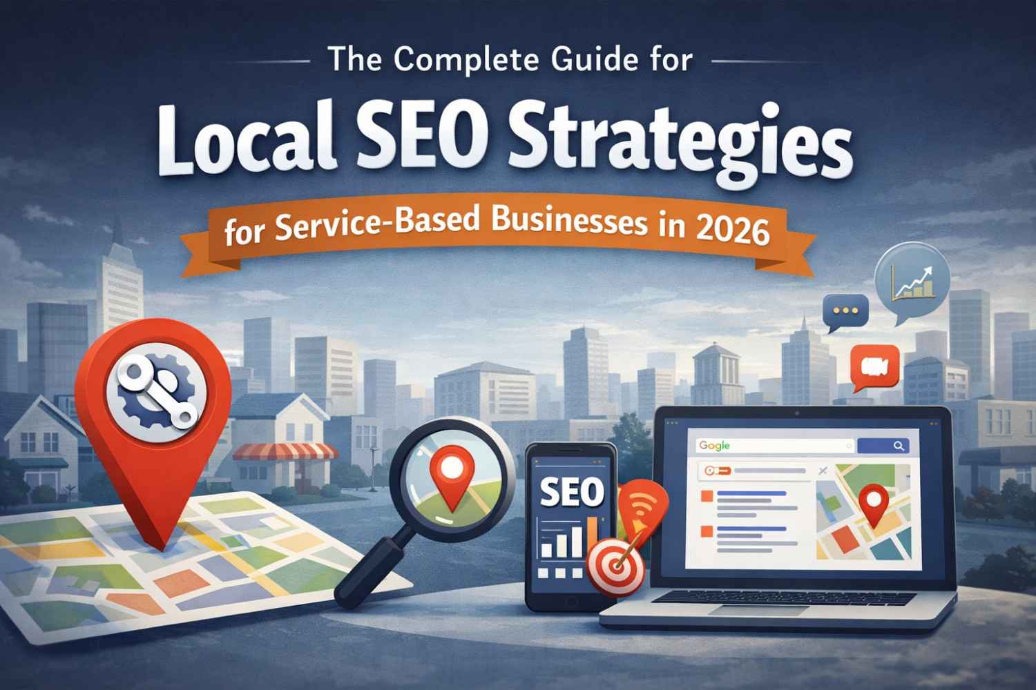 Professional blog banner showing a modern cityscape with location pins, a laptop displaying search results, and mobile SEO icons, representing local SEO strategies for service-based businesses in 2026