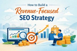 Illustrated blog banner showing a revenue-focused SEO strategy with growth charts, target icon, and digital marketing elements representing traffic, conversions, and business growth.