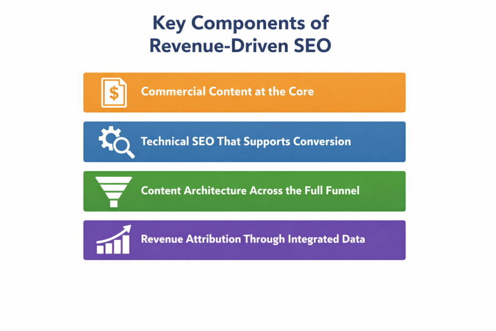 Minimal infographic listing four key components of revenue-driven SEO: commercial content, technical SEO for conversions, full-funnel content architecture, and revenue attribution through integrated data.