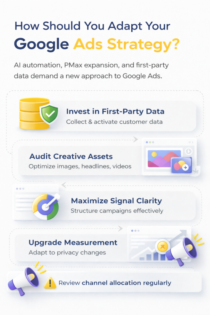 Purple gradient infographic highlighting key Google Ads trends strategy pillars for 2026.