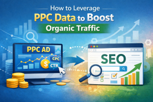 Illustration showing how to use PPC Data to Improve Organic Traffic that connects to SEO growth