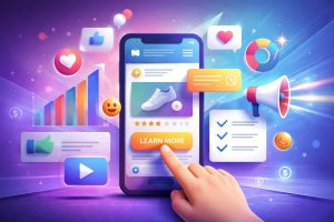 Ad Creative Strategy visual showing smartphone ad, analytics icons, and user interaction driving clicks and engagement