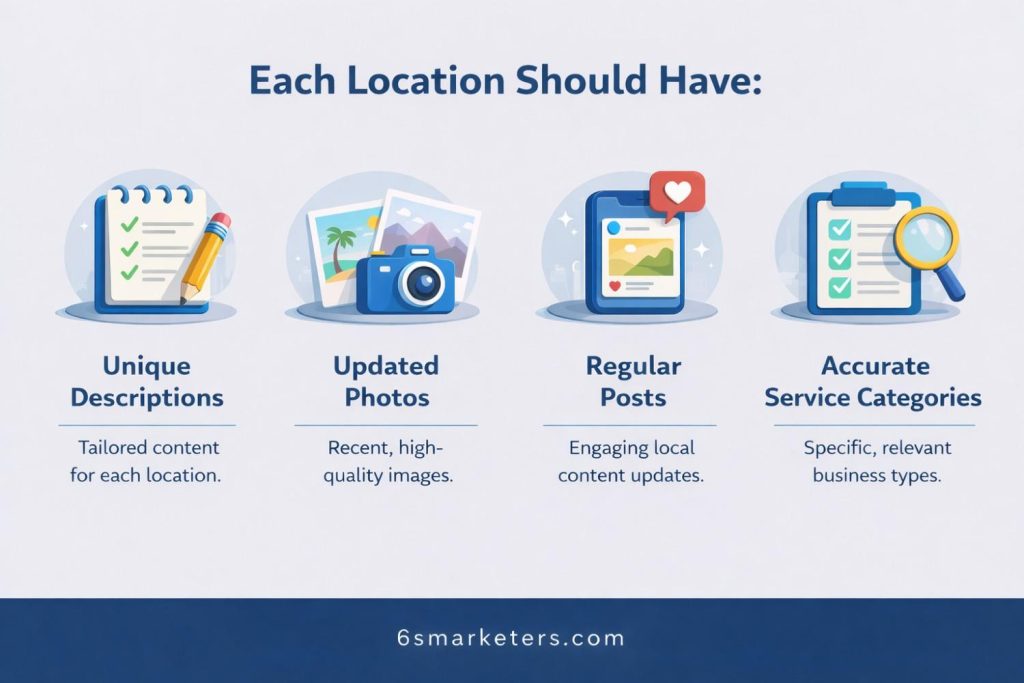 Local SEO for Multiple Locations infographic showing unique descriptions, photos, posts, and categories per location