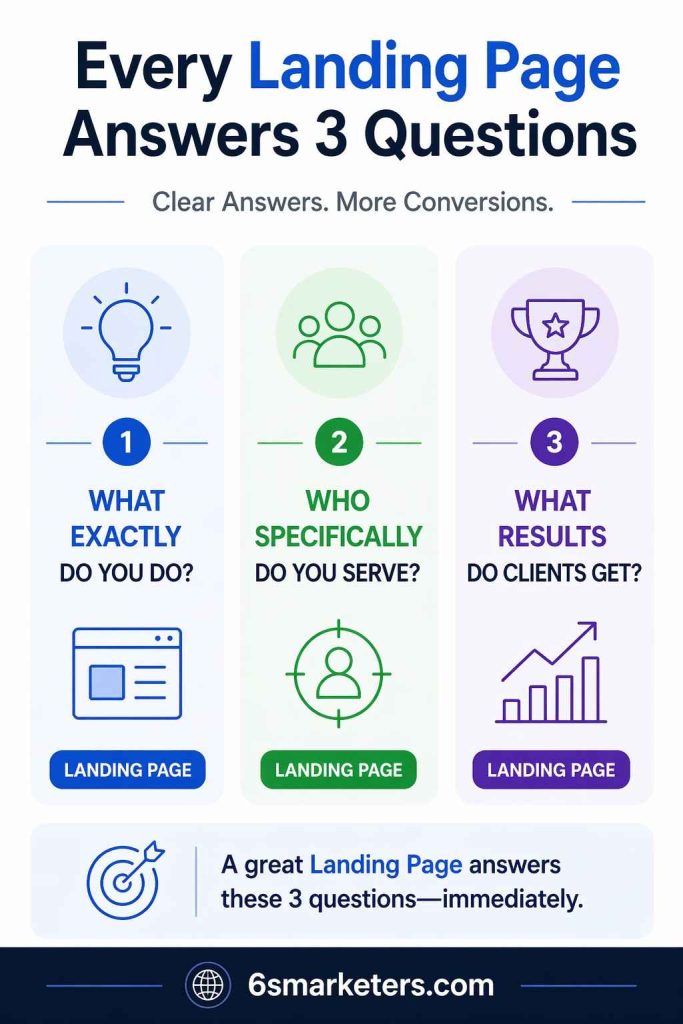 Landing page infographic showing three key questions for the why website gets traffic but no lead