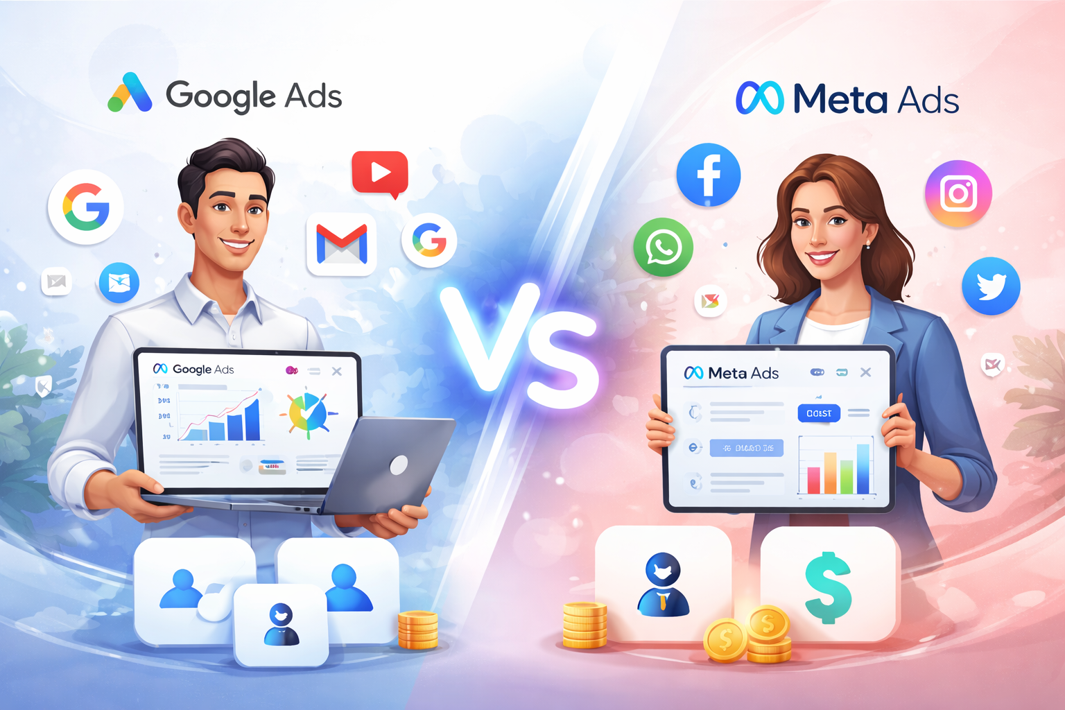A split-screen comparison of Google Ads vs Meta Ads logos with digital marketing growth graphs and icons.
