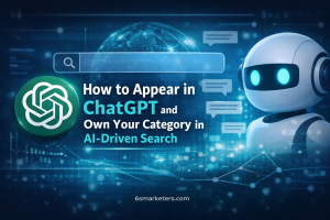 How to appear in ChatGPT blog banner with AI search visuals, chatbot, and digital marketing theme design.