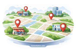 Local SEO for Multiple Locations concept with map pins highlighting unique business locations across a city