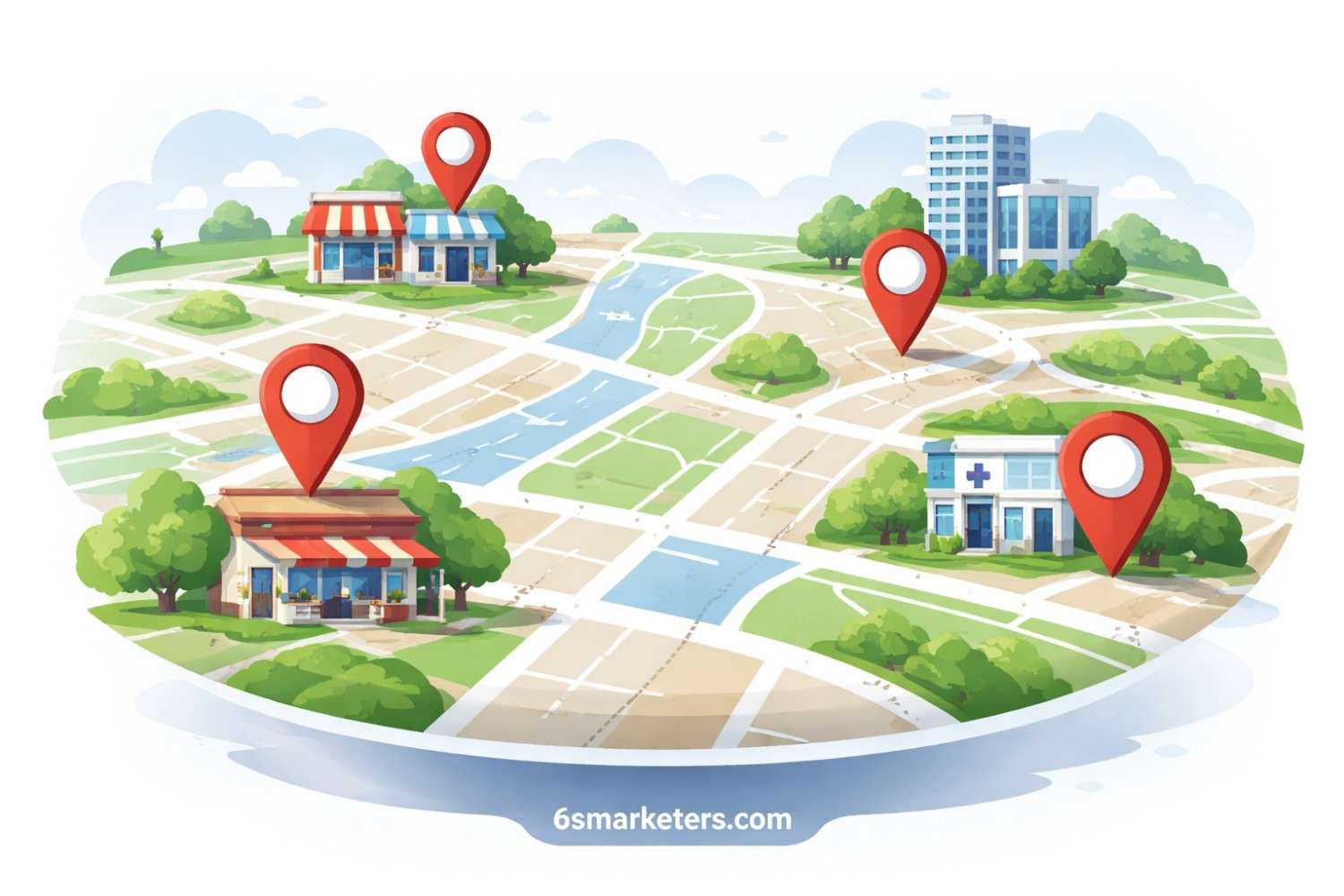 Local SEO for Multiple Locations concept with map pins highlighting unique business locations across a city