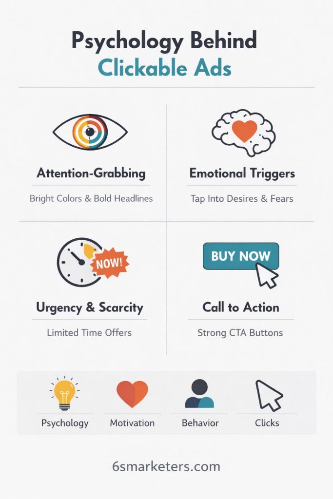 Minimal infographic on ad creative strategy showing attention, emotion, urgency, and CTA driving clickable ads