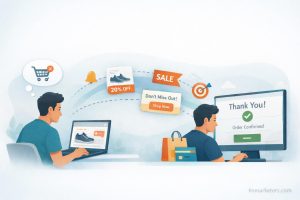 Remarketing strategies visual showing retargeting ads bringing users back to complete purchases and drive conversions