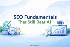 SEO Fundamentals That Still Beat AI banner with SEO icons, robot, analytics visuals, and 6smarketers.com footer