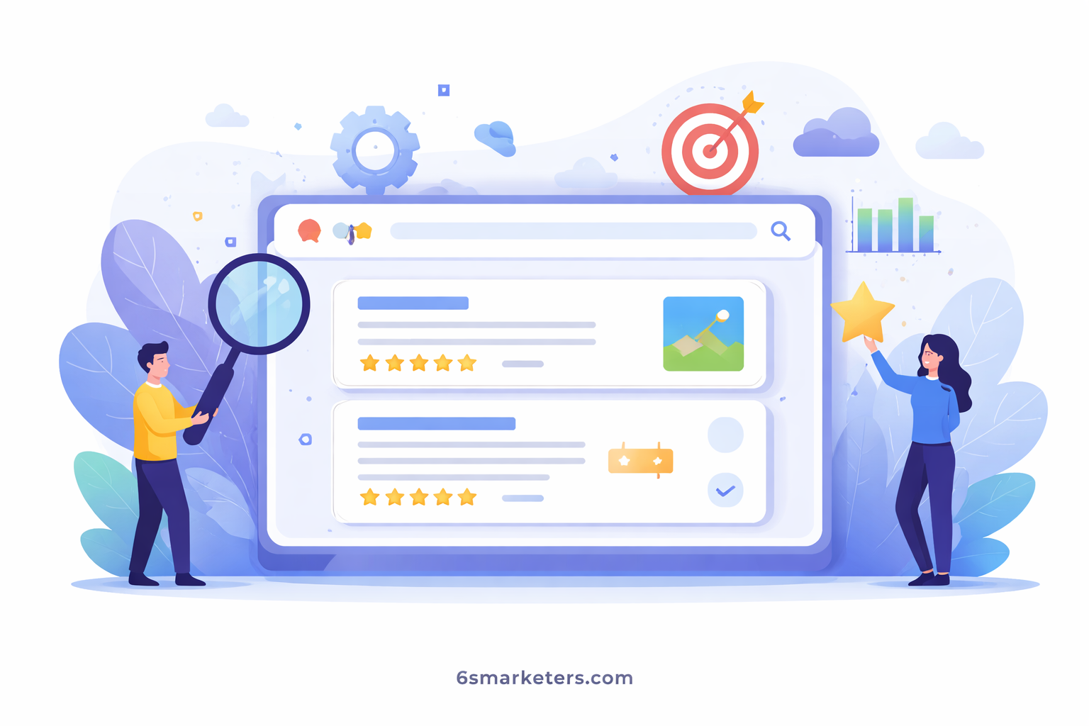Illustration of search results with rich snippets, ratings, and structured data elements representing schema markup for enhanced visibility