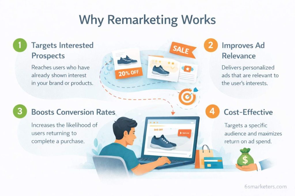 Remarketing strategies infographic explaining how users are retargeted after leaving a website
