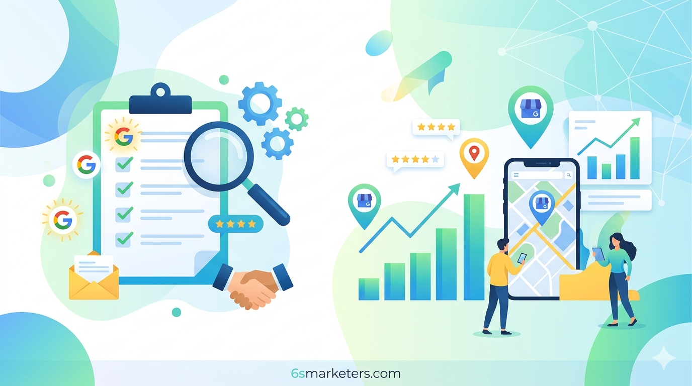 Google business profile optimization checklist concept with map listing, reviews, and local SEO elements visualized clearly