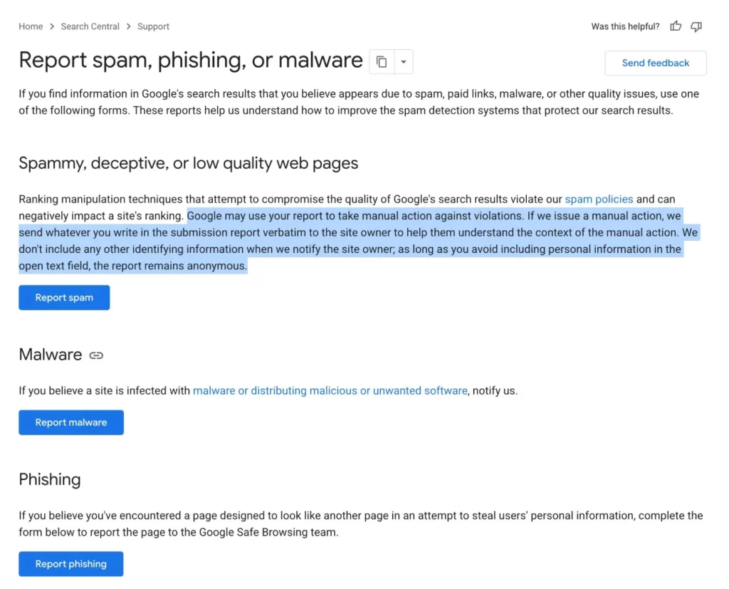 Google Now Uses Spam Reports for Manual Actions: Google page explaining spam reporting and manual action process