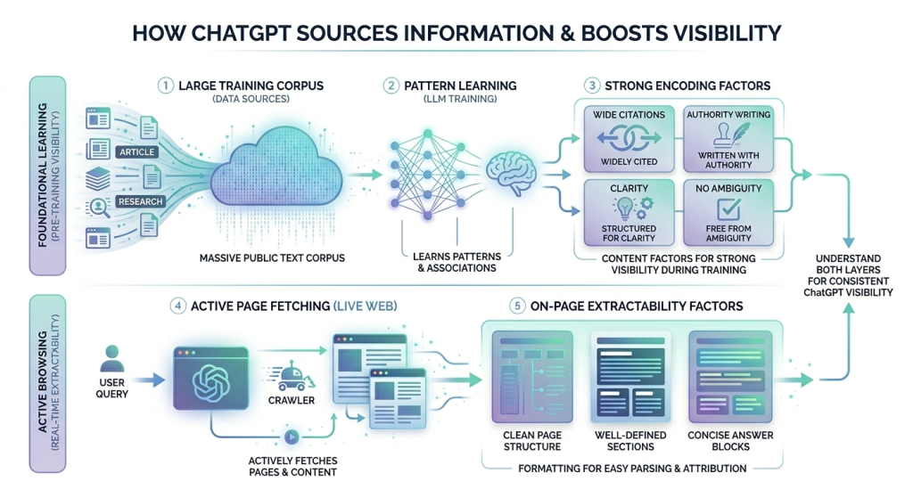 Infographic explaining foundational learning and active browsing strategies for How to Appear in ChatGPT results