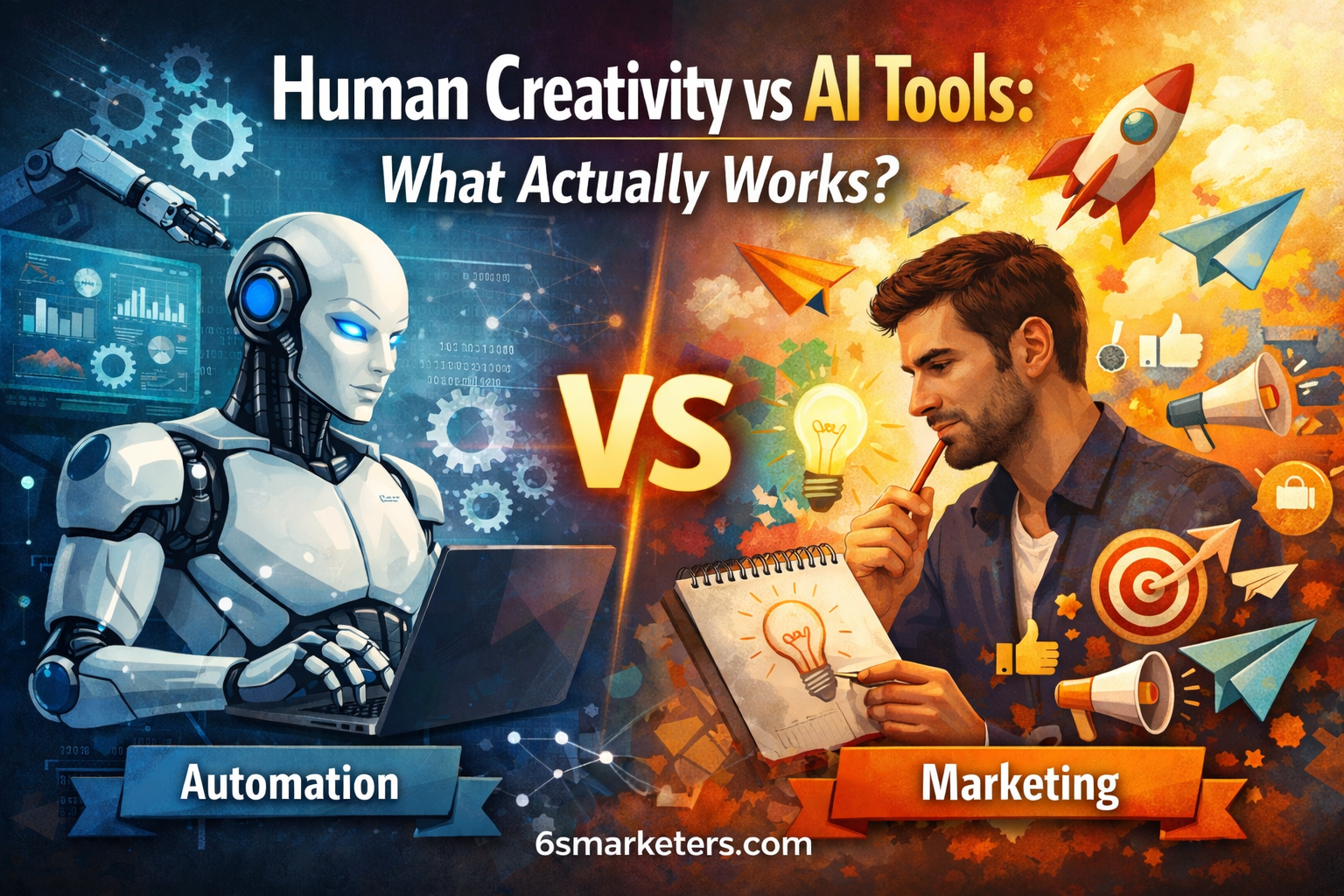 Human creativity vs AI tools in marketing, showing automation vs strategy and what actually drives results