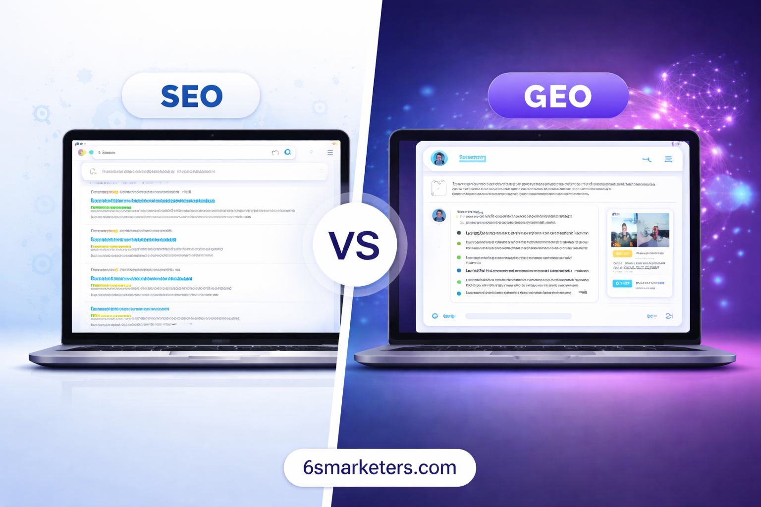 GEO vs SEO banner showing traditional search results vs AI-generated answers in a modern split-screen design