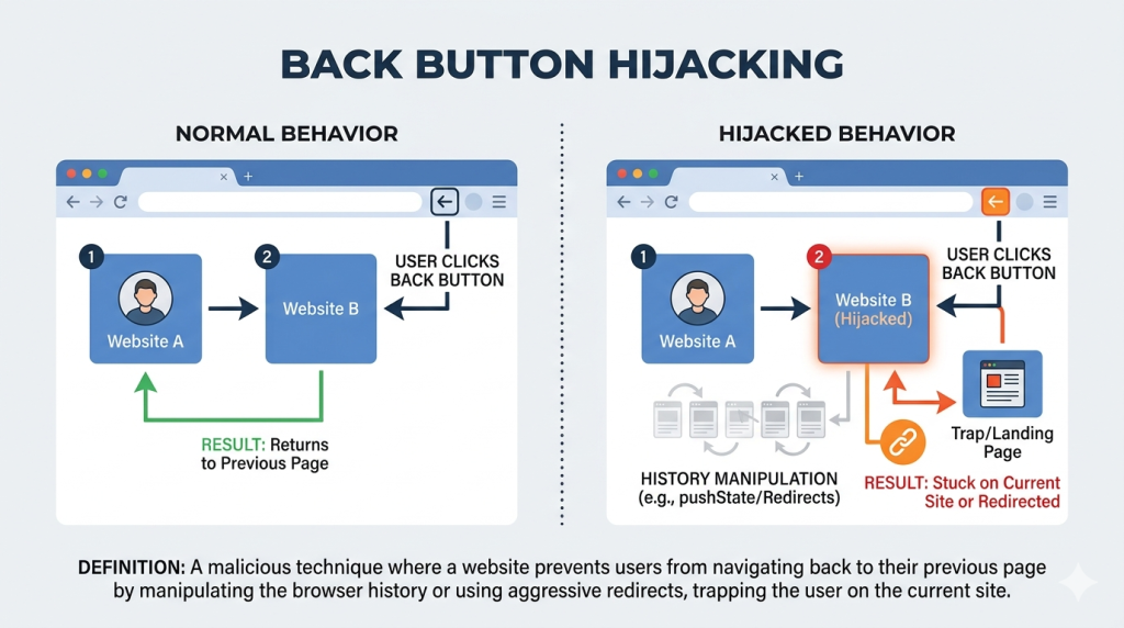 Infographic showing normal back navigation vs back button hijacking loop trapping user in redirects