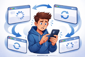 Back button hijacking illustration showing user stuck in redirect loop, unable to navigate back on browser.