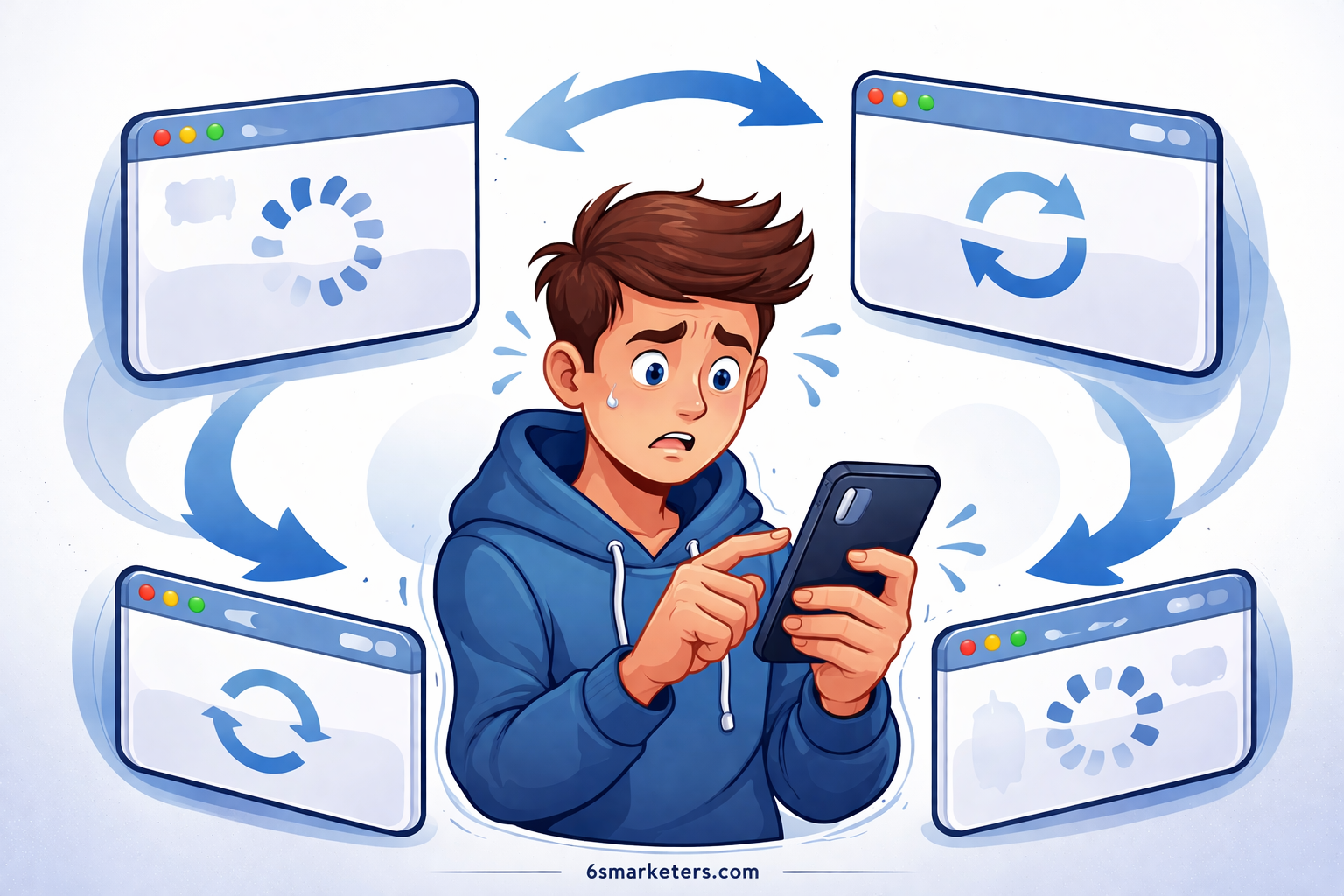 Back button hijacking illustration showing user stuck in redirect loop, unable to navigate back on browser.
