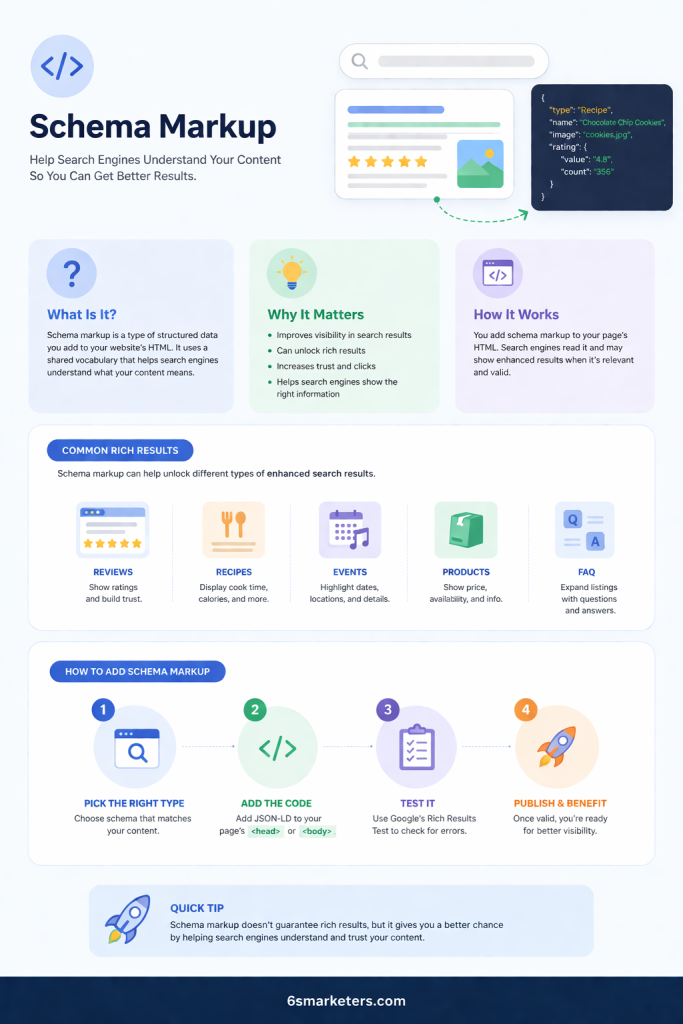 Clean infographic explaining schema markup with sections on what it is, benefits, types, rich results, and implementation steps for SEO visibility 