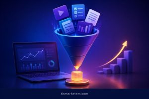 Futuristic digital marketing blog banner showing funnel and analytics visuals for bofu content conversion in B2B SaaS