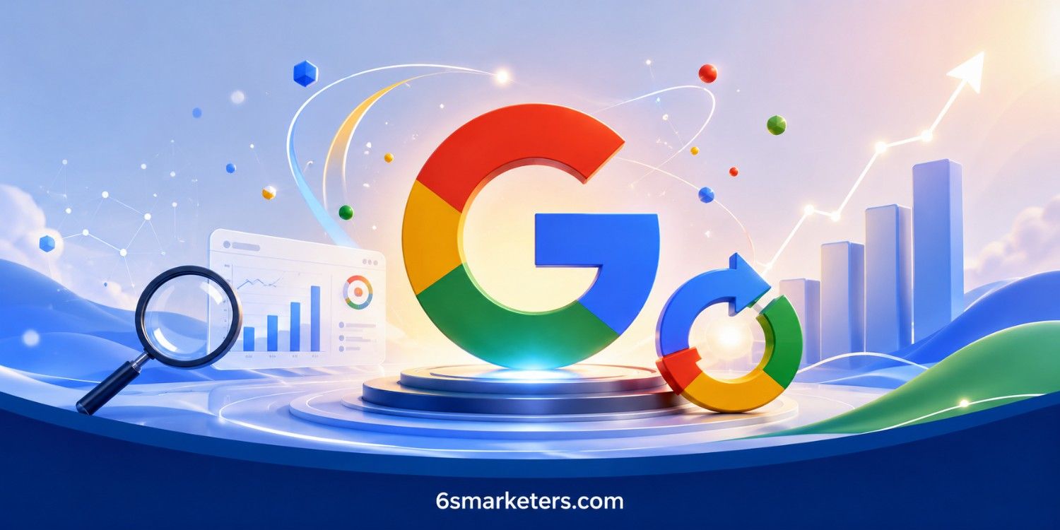 Illustration representing the Google May 2026 Core Update with Google search visuals, analytics charts, search ranking elements, and SEO performance indicators in a modern digital style.