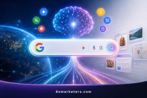 A modern blog banner featuring the Google Intelligent Search Box centered on a vibrant, tech-themed background.
