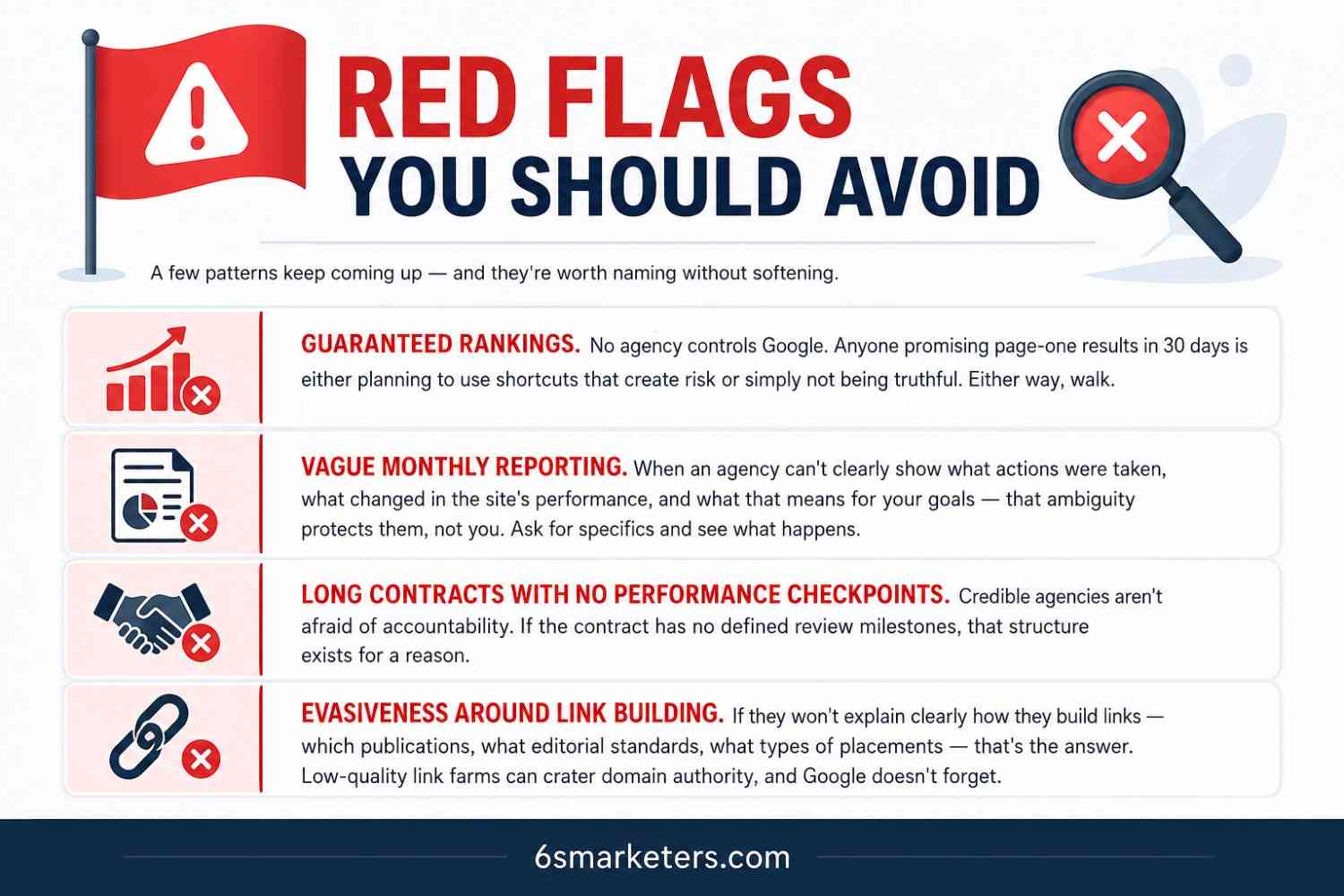 Infographic explaining red flags to avoid while you ask how to choose an SEO company based on pricing, experience, and SEO strategy