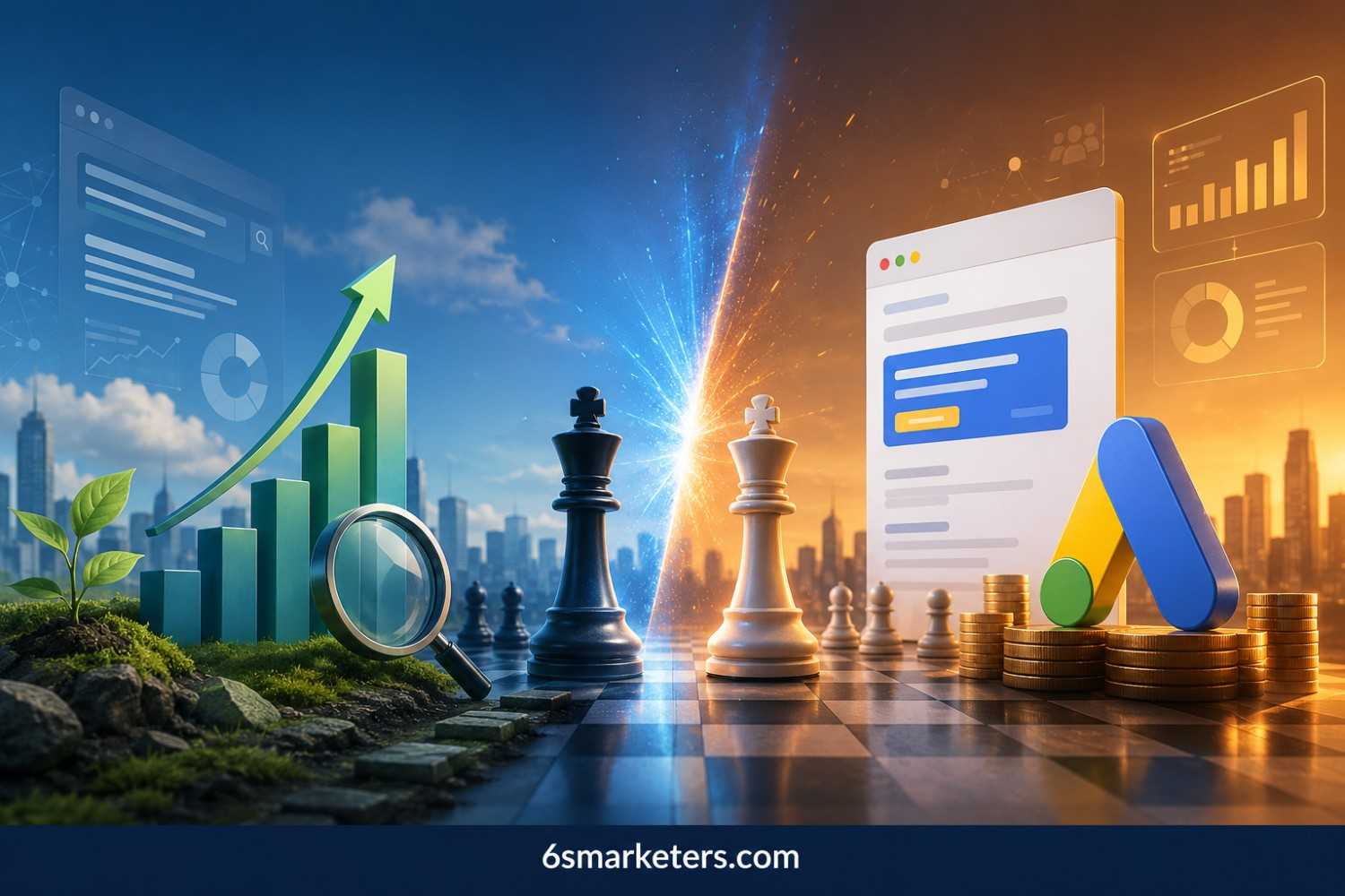 SEO vs Google Ads for B2B banner showing organic growth, paid ads, analytics, and digital marketing strategy in 2026