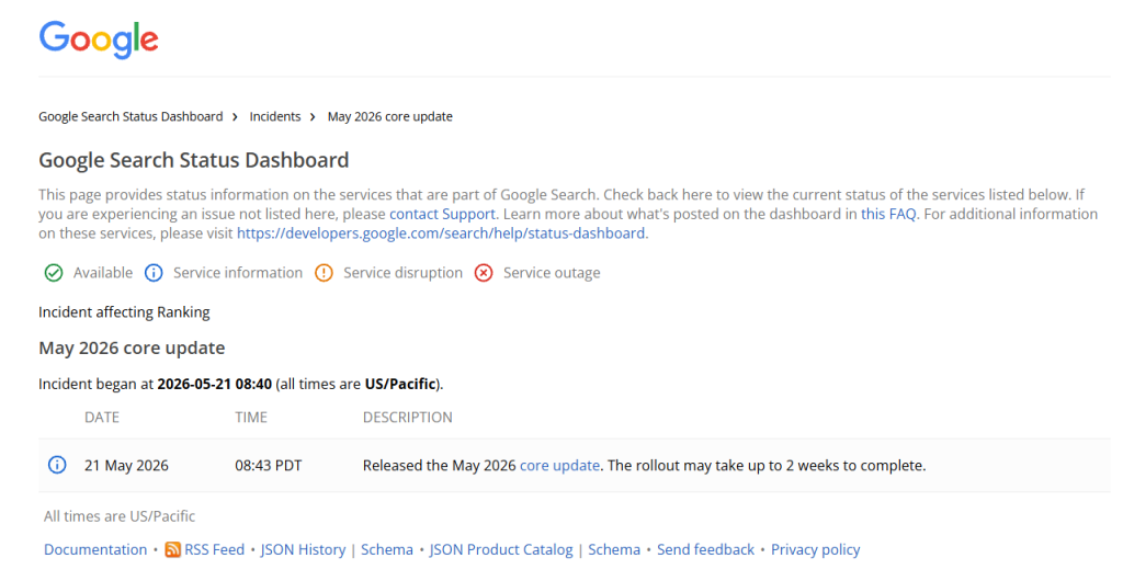 Screenshot of the Google Status Dashboard showing the Google May 2026 Core Update announcement 