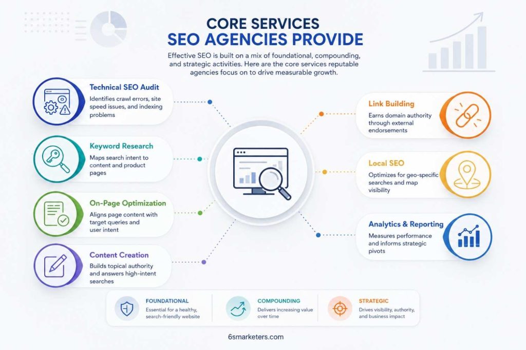  Infographic explaining what does an SEO company do, including audits, keyword research, content, links, and SEO reporting
