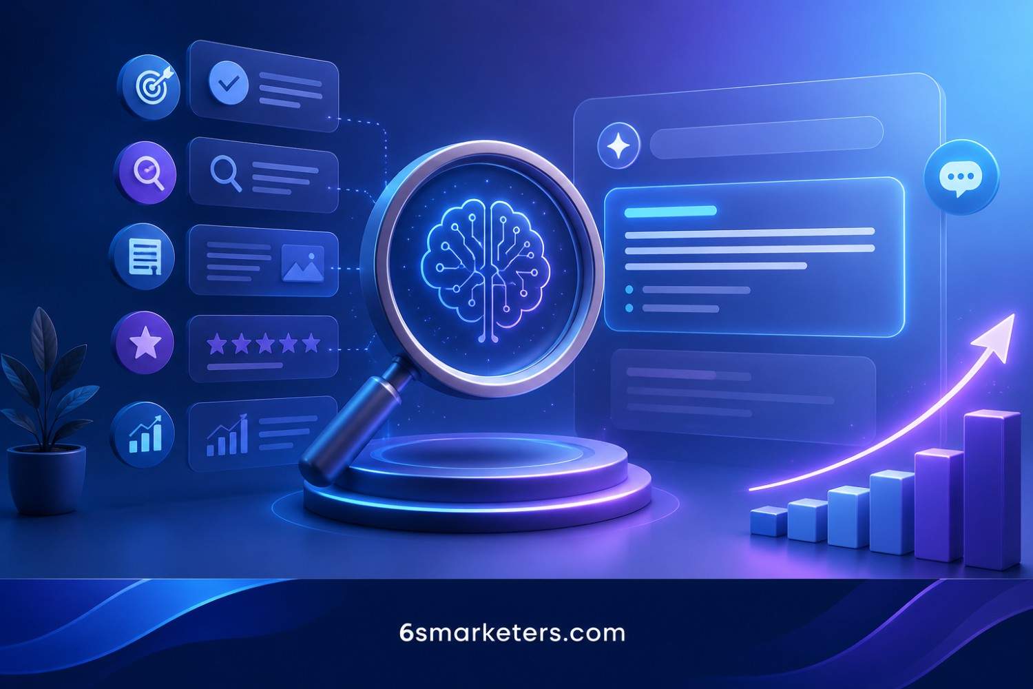 AEO Strategies blog banner featuring an AI-powered search interface, content optimization elements, answer extraction visuals, and futuristic digital marketing graphics