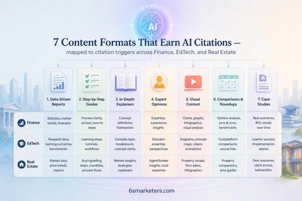 Examples of AI-cited content formats used in Finance, EdTech and Real Estate marketing