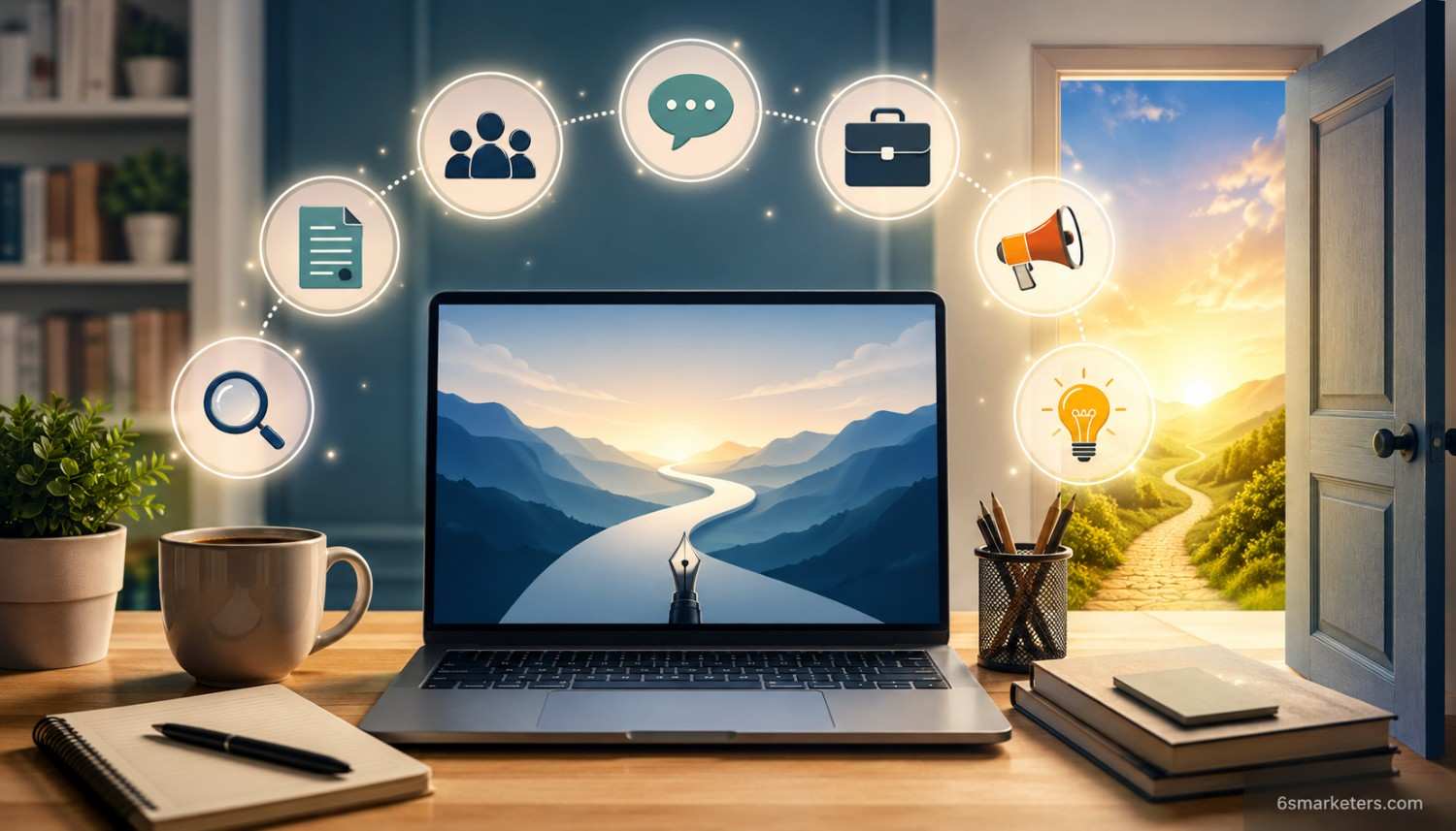 Illustration of a modern workspace with a laptop, writing tools, and opportunity icons, symbolizing how freelance writers use digital tools to find clients and grow their business.