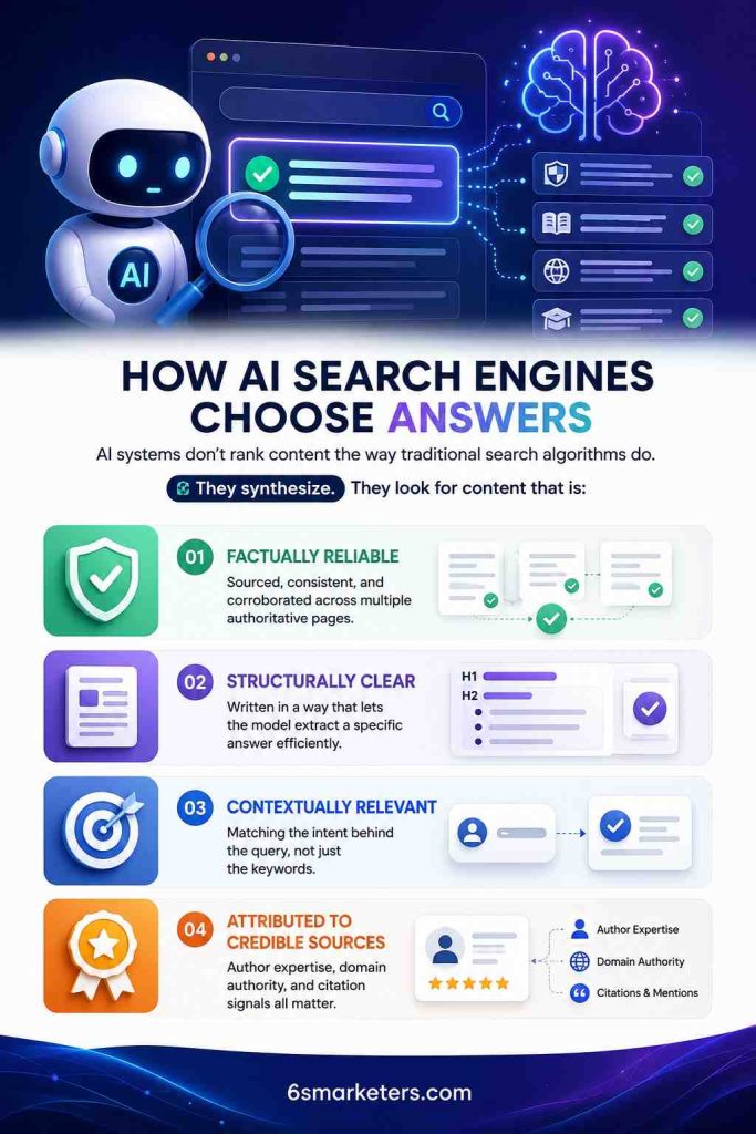Infographic explaining how AI search engines choose answers, highlighting key AEO Strategies such as factual reliability, structural clarity, contextual relevance, and credible source attribution through a modern AI-focused visual design.